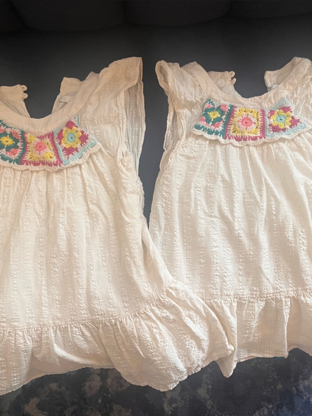 Zara White Cotton Dress with Pink, Yellow, Green and Blue Crochet. $13. Each